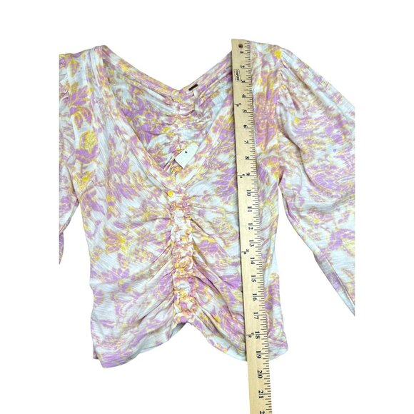 Free People Say The Word Ruched Ivory Combo Long-Sleeve V-Neck Top X-Small - Picture 10 of 10